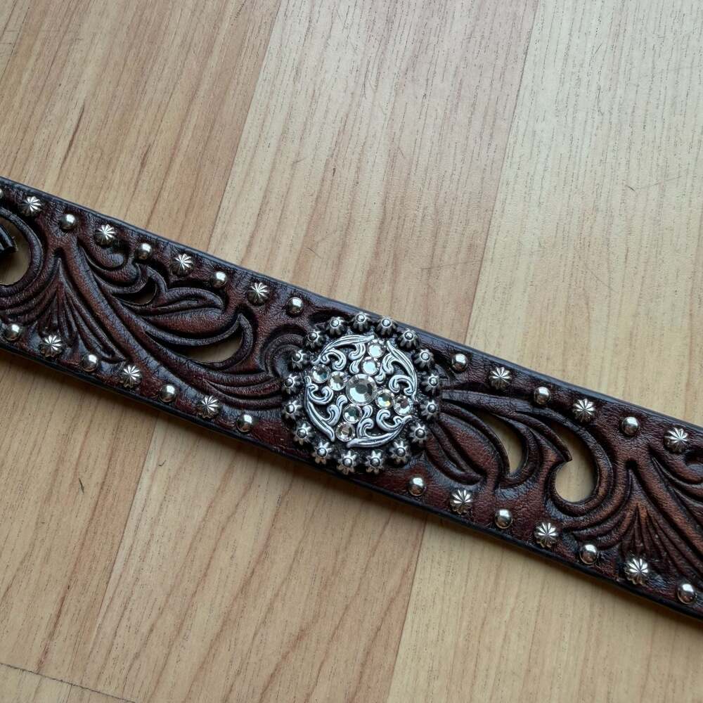 Ariat Western Brown Leather Scroll Inlay Crystals Scalloped Conchos Belt Medium
